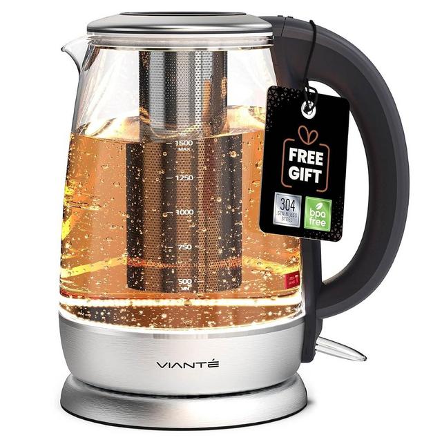 Vianté Electric Glass Tea Kettle with Removable Infuser. Hot tea infuser Pot for Loose Leaf & Bagged Tea, BPA-Free, Stainless Steel & Glass, LED Illuminated. 1.7 L capacity.