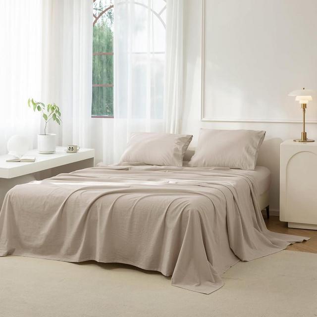 JIYUAN 100% Washed Cotton Sheet Set 4 Pieces Queen,1 Fitted Sheet,1 Flat Sheet and 2 Pillowcases,Comfy and Breathable Linen Like Bedding Set,Heathered Tannish Linen Grey