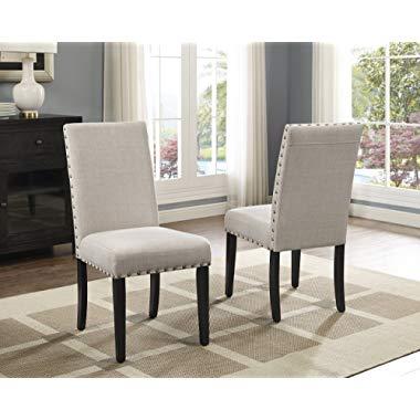 Roundhill Furniture Biony Tan Fabric Dining Chairs with Nailhead Trim, Set of 2