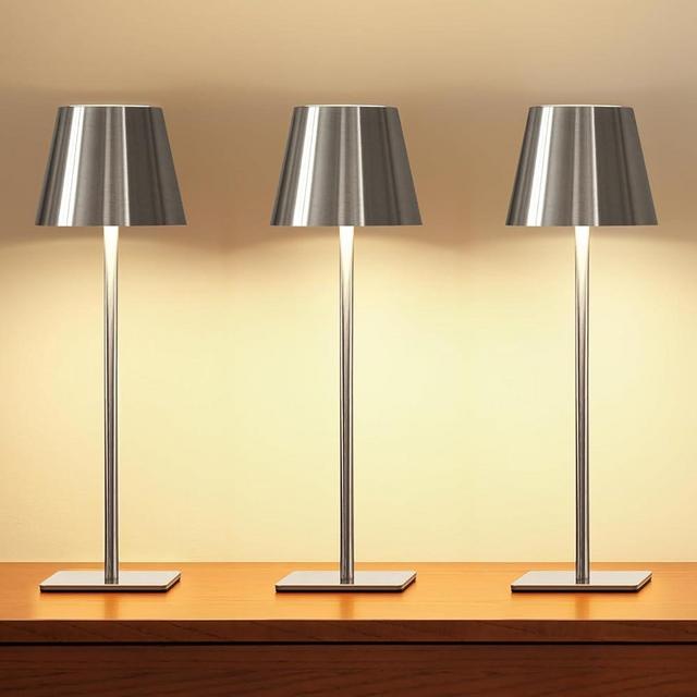 UME 3 Pack Cordless Table Lamp, Battery Operated Lamp - Portable Waterproof Rechargeable Table Lamp w/ 3 Color Temps & Stepless Dimming for Dinner, Desk, Cafe, Outdoor (Brushed Silver)