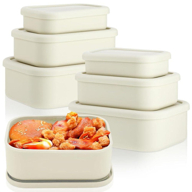 Blushtier 2 Sets of 6 Silicone Food Storage Containers with Lid Silicone Bento Box Rectangular Box Hard Shell Containers Microwave Dishwasher Freezer Safe, 10 oz, 23.6 oz, 44 Ounce(Bone White)