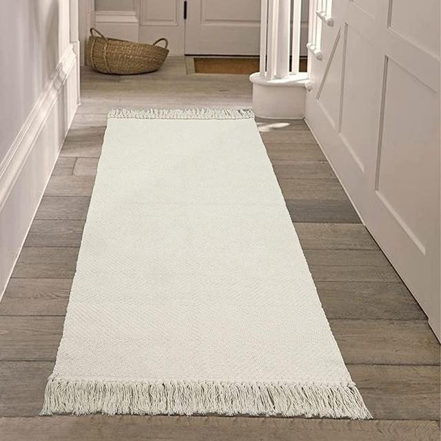 Collive Hallway Runner Rug, 2' x 5' Soft Washable Kitchen Runner Rug, White/Cream Contemporary Modern Laundry Room Rugs Indoor Hand-Woven Cotton Carpet for Bedroom Entryway Front Door Farmhouse