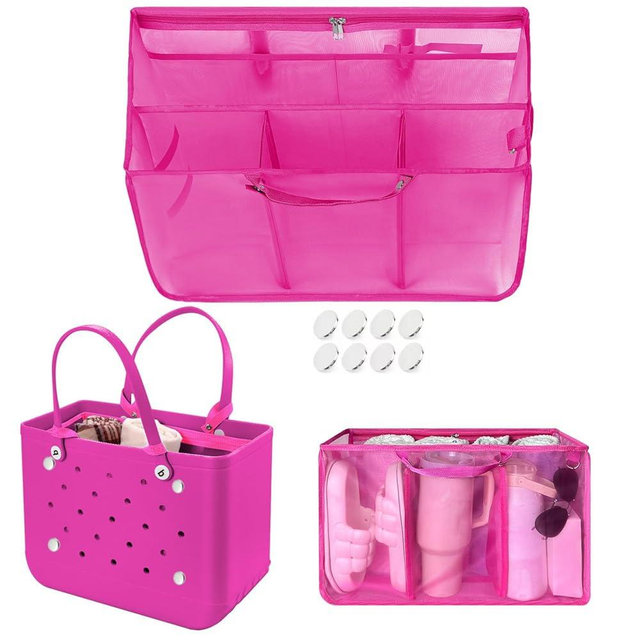 XYFuuee Beach Bag Organizer Inserts for Original Large Bogg Bag Accessories with 8 Removable Metal Fasteners, Lightweight Mesh Insert Divider Pouch, Organizing Rubber Tote, Save Space, Hot Pink XL