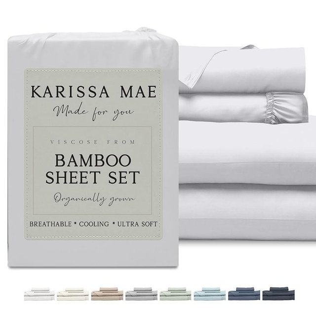 KARISSA MAE Cooling Bamboo Viscose King Size Sheet Set | 100% Organically Grown | 18” Deep Pocket | Silky, Soft, & Hypoallergenic | with Organizer Band & Elastic Corner Straps [White]