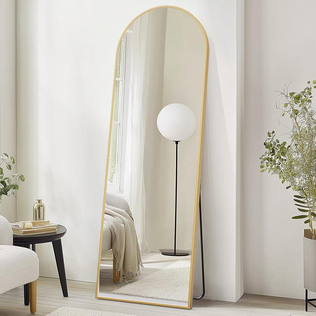 DUMOS Arched Full Length Mirror with Stand 71"x26" Floor Standing Aluminum Frame for Bedroom Body Hanging Leaning Modern Simple Home Decor Shatter-proorf Nano Glass Wall Living Room Cloakroom Gold