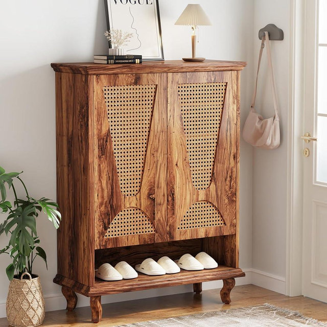 LITTLE TREE Rattan Shoe Cabinet for Entryway, 5-Tier Large Hidden Shoe Organizer Cabinet with Ventilated Doors, Modern 25-Pair Shoe Rack Closet Organizer Shoe Storage Cabinet for Bedroom