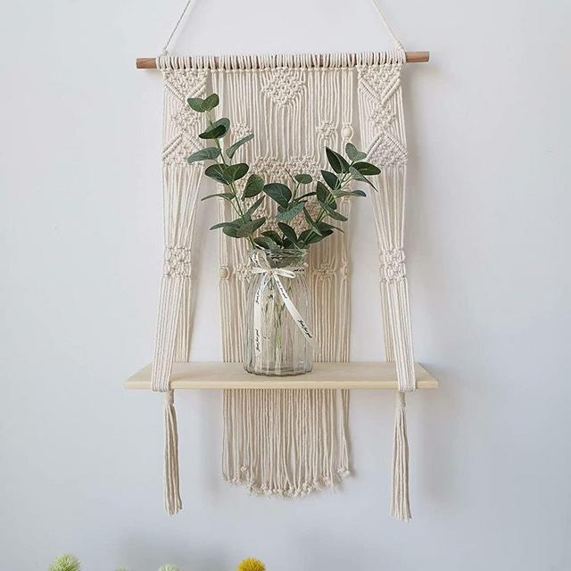 Macrame Wall Hanging Shelf, Wood Floating Hanging Storage Shelf Bohomian Wall Decor (Heart)
