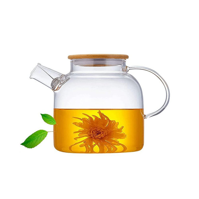 Glass Teapot, Stovetop & Microwave Safe Glass Borosilicate Teapot, Glass Teapot with Strainer, Glass Pot with Wooden Lid, Loose Leaf and Fruit Tea and Fragrant Tea, 50.7oz/1500ml (Wooden Lid)