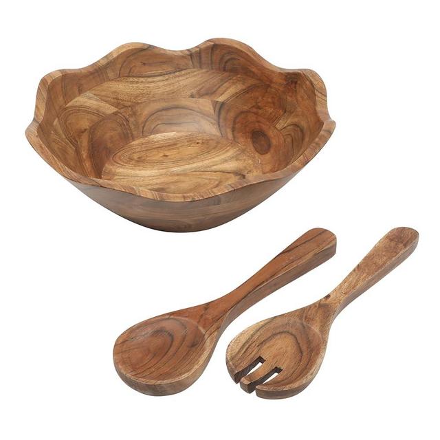 Gibson Home Sandhurst 3-Piece Acacia Wood Salad Bowl Set – 12-Inch Scalloped Serving Bowl with Wooden Salad Servers – Natural Rustic Finish for Dining, Entertaining, or Gifting