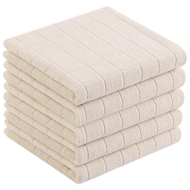 Homaxy 100% Cotton Terry Kitchen Towels(Beige, 13 x 28 inches), Checkered Designed, Soft and Super Absorbent Dish Towels, 5 Pack