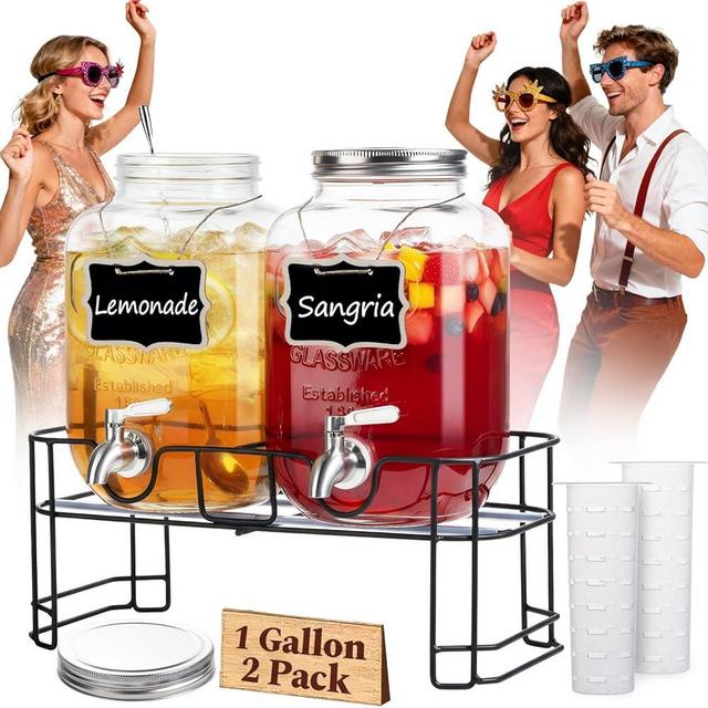 KIKCOIN 2 Pack Glass Drink Dispensers for Parties, 1 Gallon Leakproof Beverage Dispenser with 18/10 Stainless Steel Spigot & Filter & Stand -for Lemonade, Juice, Sun Tea, Punch- ALL DISHWASHER SAFE