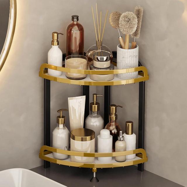 YIWANFW 2-Tier Corner Shelf Bathroom Organizer Countertop, Black Gold Bathroom Counter Organizers and Storage, Corner Shelves Vanity Organizer, Corner Bathroom Sink Organizer Skincare Organizers