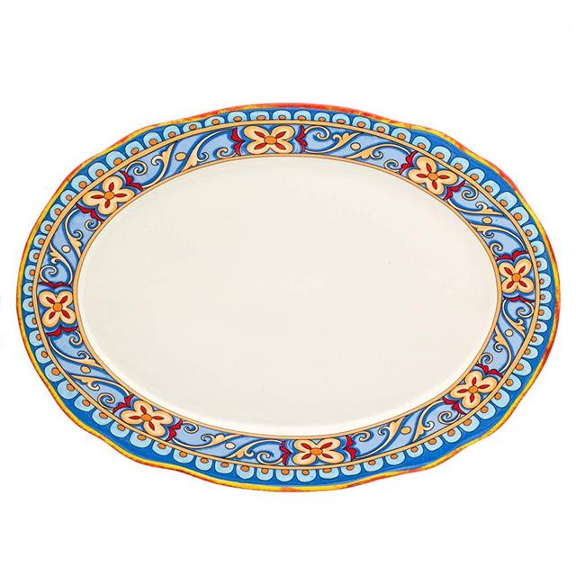 Euro Ceramica Duomo Collection Italian-Inspired 18" Oval Ceramic Serving Platter, Floral Design, Multicolor