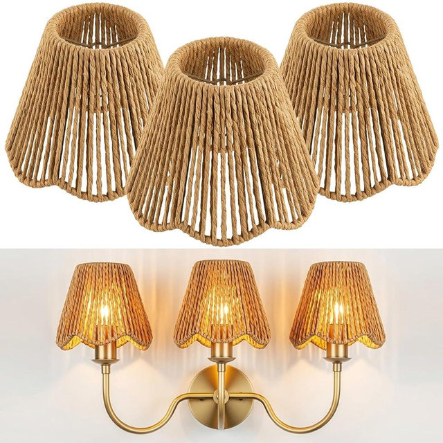 VIHOSE 3 Pack Natural Rattan Lampshade Boho Vertical Striped Rattan Lampshade Replacement with Petal Edges for Table Chandelier Wall Lamp Living Room Bedroom Farmhouse (Wood Color,3 x 5 x 6 Inch)