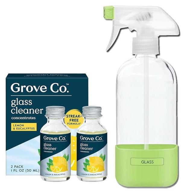 Grove Co. Glass Cleaner, Refill Concentrate (2 x 1 Fl Oz) + 1 x Reusable Glass Spray Bottle (16 Oz) Plant-Based Cleaning Supplies Bundle, No Plastic Waste, 100% Natural Lemon & Eucalyptus Fragrance