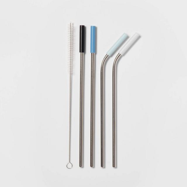 4pk Angled Stainless Steel Straw Set with Silicone Tips and Cleaning Brush - Room Essentials™