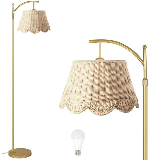 Quincry Arc Floor Lamp for Living Room，Rattan Boho Floor Lamp with Hand-Woven Wicker Shade, Foot Switch, Gold/Silvery Metal Base & Pole,Standing Lamp for Bedroom (Gold)