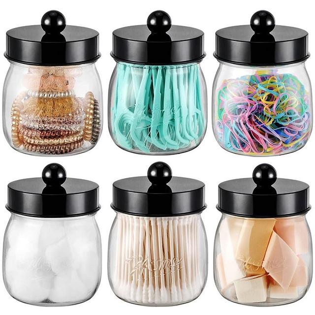 Farmhouse Decor Apothecary Jar Set,Mason Jar Bathroom Vanity Storage Organizer Canister - Qtip Holder Plastic Acrylic Jar for Cotton Swabs,Cotton Pads,Floss Picks,Paper Clips,Hair Clips(6 Pack,White)