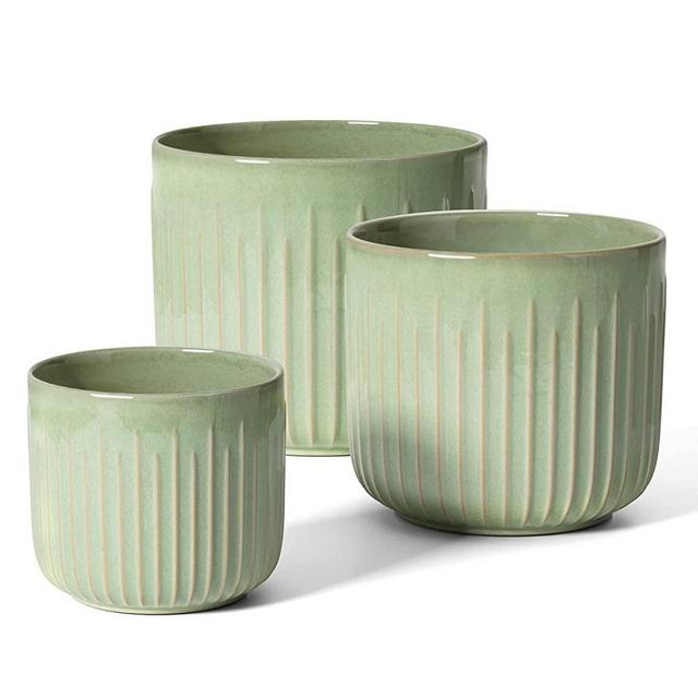 LE TAUCI Plant Pots, Large Planter Ceramic, 8.3+6.9+5.7 inch Flower Pot for Plants with Drainage Holes, Garden Planters Outdoor, Indoor House Plants, Set of 3, Reactive Glaze Summer Green