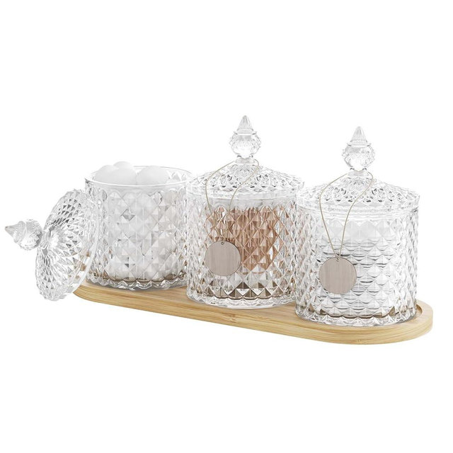 3 Pack Qtip Holder Dispenser with Tray and Tag, 10 oz Glass Apothecary Jars with Lid, Bathroom Canisters for Storage Organizer for Cotton Swabs, Balls, Pads, Floss Picks, Candy, Jewelry