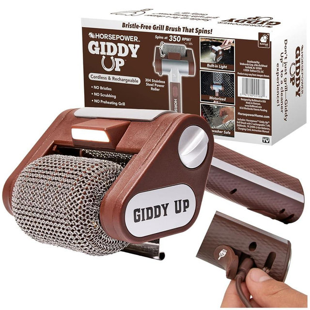 HorsePower Giddy Up Grill Cleaner AS-SEEN-ON-TV! – Cordless, Rechargeable BBQ Tool with 350 RPM Stainless Roller, LED Light – Patents Pending – From BulbHead, a Family-Owned American Brand