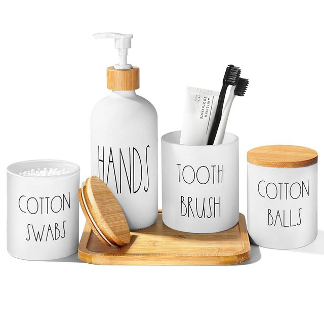 ALPIRIRAL White Bathroom Accessories, 5 Pcs Glass Bathroom Accessory Set with Bamboo Tray, Soap Dispenser and Toothbrush Holder Set, Qtip and Cotton Ball Holder, Farmhouse Boho Bathroom Set Complete