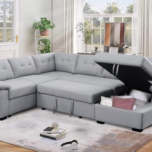 asunflower Sleeper Sofa Bed Couch for Living Room Pull Out Couch Bed with Storage Chaise 6 Seat Modular Sectional Sofa Sleeper Bed for Apartment, Basement,Grey