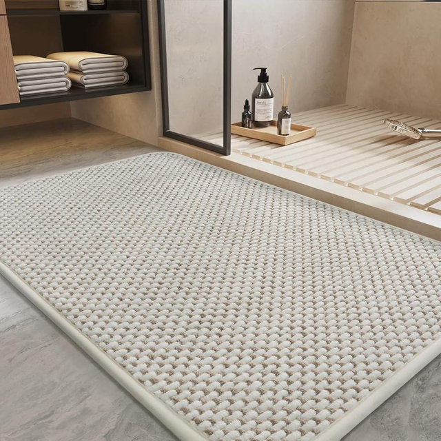 PADOOR-Bath Mat-Super Absorbent Chenille Bathroom Mats-Rubber Backed Bath Mats for Bathroom Non Slip, Easy Clean Bathroom Rugs Front of Bathtub,Shower Room,Sink-17×35, Beige&Cream
