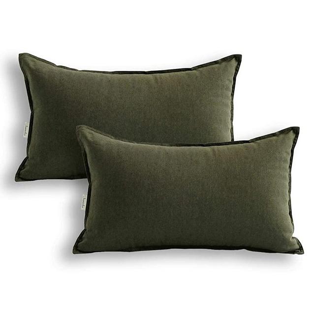 Jeanerlor Natural Cotton Linen Green Decorative 12"x20" Throw Pillow Case Cushion Cover with Twin Needles Stitch on Edge for Lumbar, (30 x 50cm), 2 Pcs, Olive Green