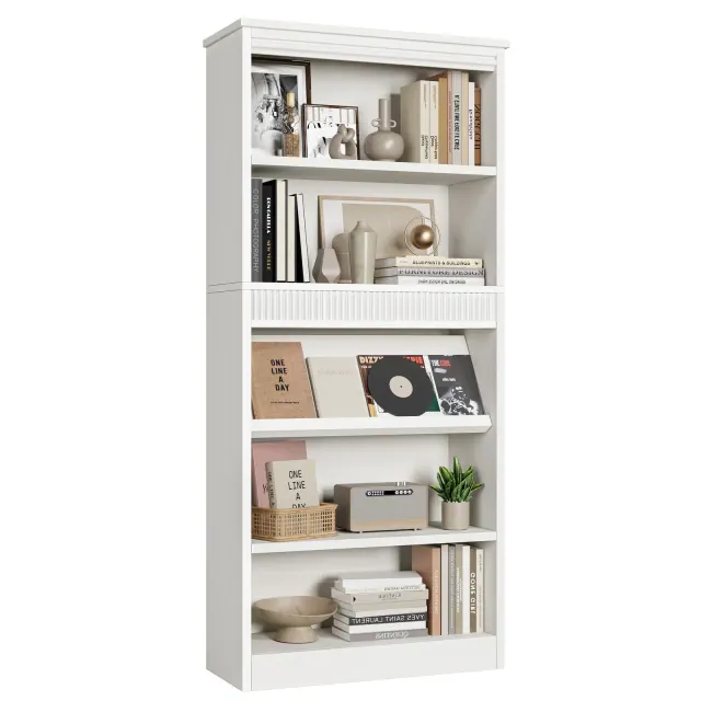 71" Farmhouse Bookcase w/ Display Rack & Fluted Design, 5 Tier Tall Bookshelf with Wooden Base, Rustic Vintage Wooden Bookshelf for Office Library
