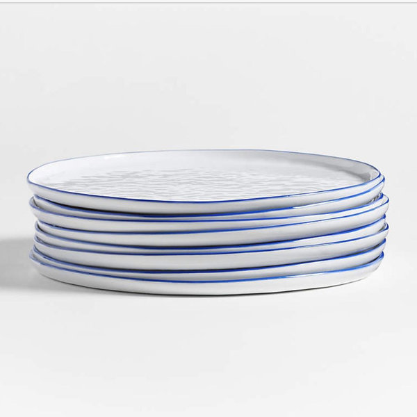 Mercer Blue Rim Round Porcelain Dinner Plates, Set of 8