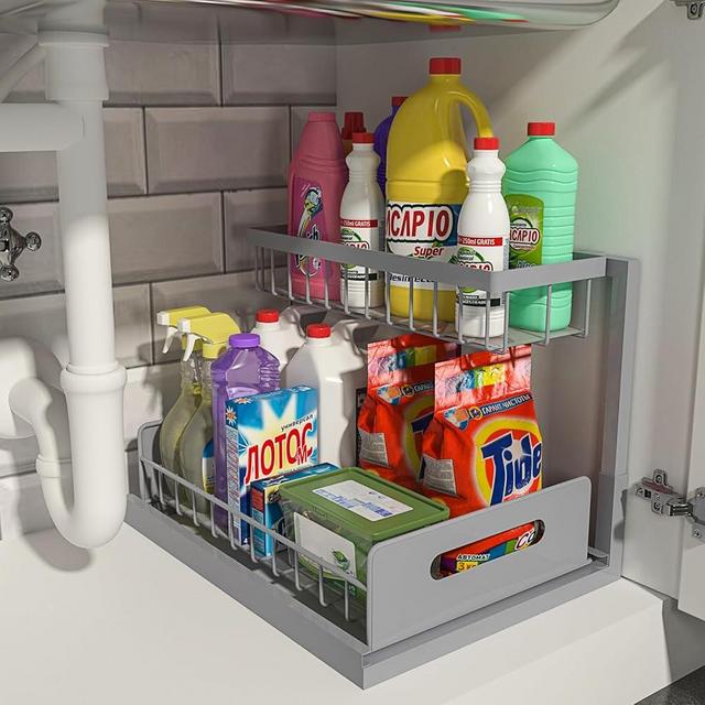 REALINN Under Sink Organizer, Pull Out Cabinet Organizer 2 Tier Slide Out Sink Shelf Cabinet Storage Shelves, Under Sink Storage for Kitchen Bathroom Cabinet, Gray, 1 Pack