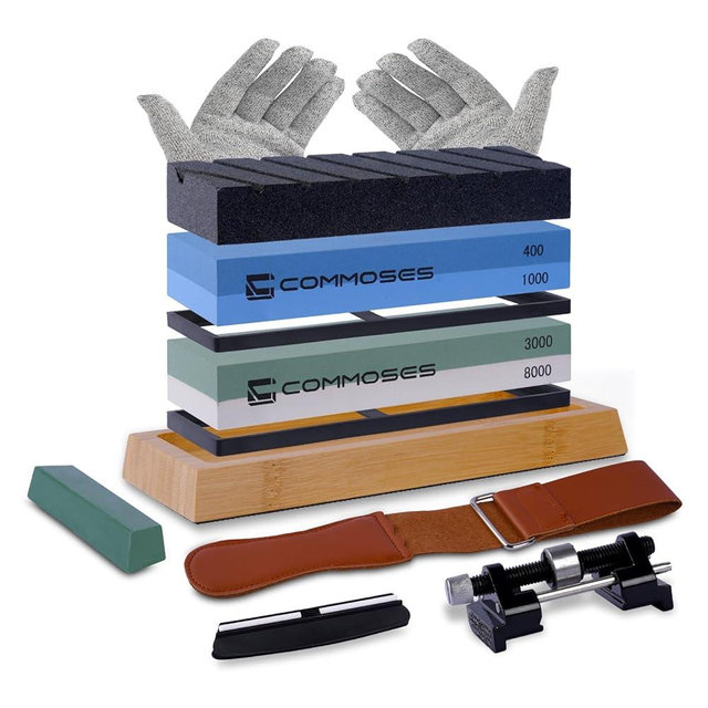 Whetstone Sharpening Stone Knife Sharpener Stone Set: 4 Side 8000|3000 1000|400 in Kitchen With Bamboo Base,Cut Resistant Gloves,Angle Guide,Honing Guide,Flattening Stone,Leather Strop,Rubber pad