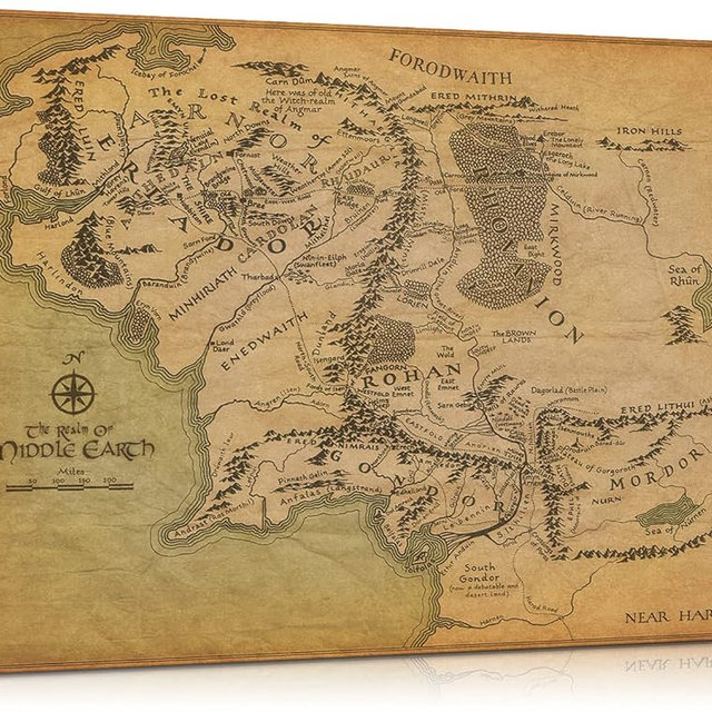 Mistyefly Middle Earth Map Wall Art Canvas Print - Fantasy Map of Middle Earth - 28''H x 40''W with Inner Wooden Frame - Lightweight & Easy to Hang - Perfect for Bedroom, Game Room Decor