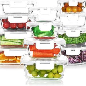 KOMUEE 24 Pieces Glass Food Storage Containers Set,Glass Meal Prep Containers-Stackable Airtight Glass Storage Containers with lids,Freezer, Microwave, Oven Safe,White