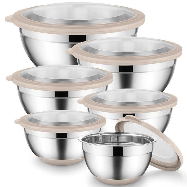 Onader Mixing Bowls with Lids Set of 6 Large Metal Nesting Mixing Bowls Stainless Steel Non-Slip Salad Bowl Khaki – Size 1, 1.5, 2, 2.6, 3.5, 7QT