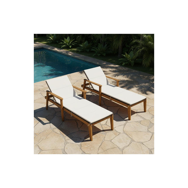 Gymax 2PC Acacia Wood Outdoor Chaise Lounge Chair PE Rattan Patio Lounger with Adjustable Backrest Soft Sponge Cushion & Armrests Garden Recliner
