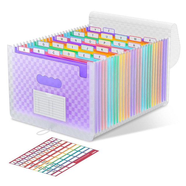 ThinkTex 26 Pockets Expanding File Folders, Accordion File Organizer with Expandable Cover, Monthly Bill Receipt Documents Organizer, A-Z Colorful Tabs, Letter/A4 Size - Purple