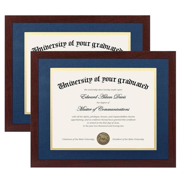 upsimples 11x14 Diploma Frame Certificate Degree Document Frame with High Definition Glass, 8.5 x 11 with mat for Wall and Tabletop, Mahogany Blue Double Mat, 2 Pack