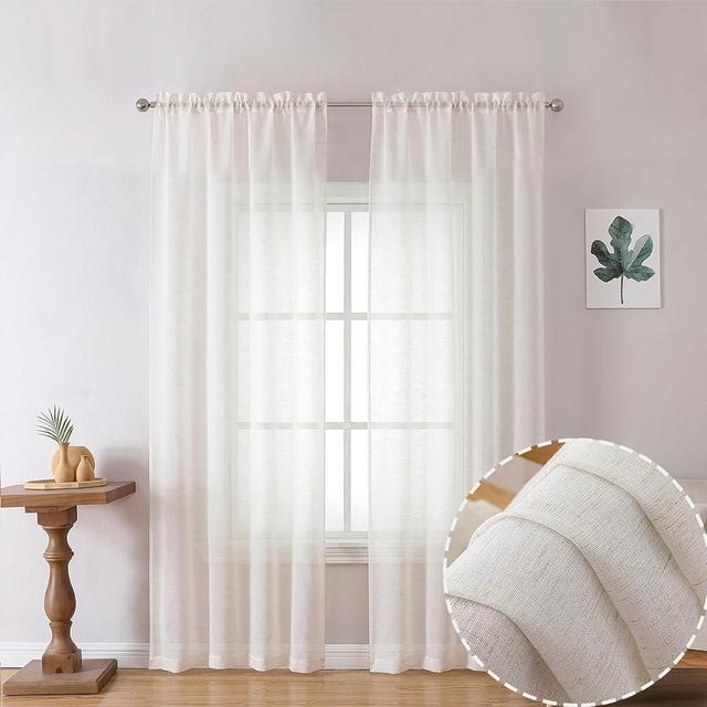 OWENIE Linen Semi Sheer Curtains 72 inches Long 2 Panels Set, Natural Light Filtering Door Cutain for Living Room Rod Pocket Drapes, 40 W x 72 L