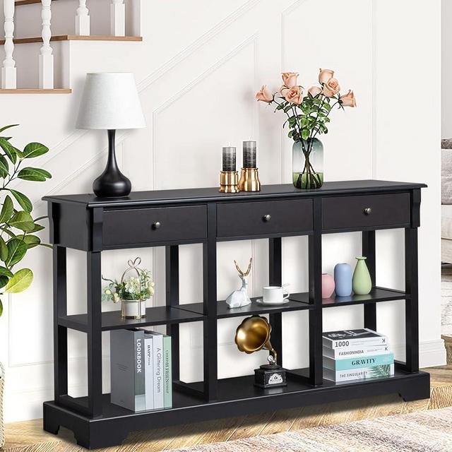 Karl home Console Table with 3 Drawers, Entryway Desk Sofa Side Table with 6 Bottom Cube Storage Shelves, Vintage TV Stand for Hallway Living Room Office, Black 32.5" H