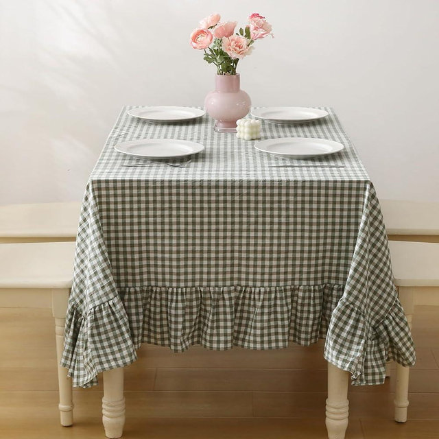 K MASANIJI 100% Cotton Sage Green White Plaid Ruffled Table Cloth Square 60x60 in Cottage Coquette Checker Gingham Vintage Decorative Tablecloth (Sage/White Plaid, 60x60 inches)