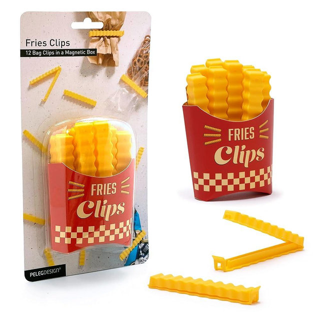 Fries Clips: 12 Cute French-Fries-Shaped Bag Clips to Seal Opened Food Packages | Fun Bag Clips for Food in a Magnetic Box to Always Be at Hand | Cute Kitchen Accessories by Peleg Design