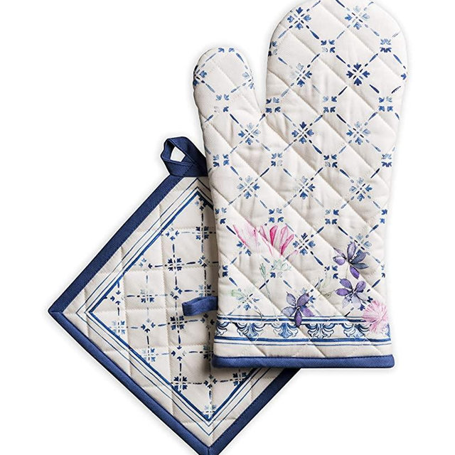Maison d' Hermine Faience 100% Cotton Oven Mitt + Pot Holder Heat Resistant Kitchen Oven Mitt (7.5"x13") & Pot Holder (8"x8") for Cooking BBQ Baking Grilling Spring/Summer