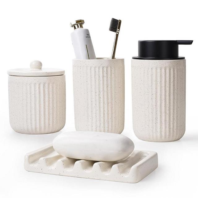 BosilunLife Ceramic Bathroom Accessories Set - Bathroom Counter Soap Set Beige Bathroom Decor Sets Accessories Bathroom Lotion Soap Dispenser and Toothbrush Holder Set, Soap Dish, Apothecary Jars