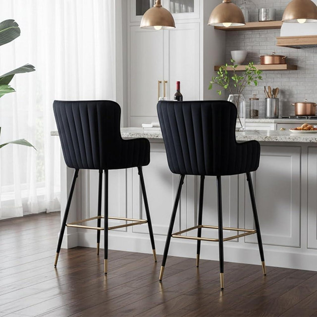 COMULER Velvet Upholstered Bar Stools with Back Set of 2, 30” Black Modern Kitchen Stools Gold Legs Comfy High Dining Chair with Footrest Metal Legs for Home Pub High Desk Top