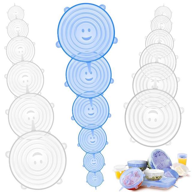 BFONS 18 Pack Silicone Stretch Lids, 6 Different Sizes, 12 Pack White Silicone Stretch Lids, 6 Pack Blue Silicone Stretch Lids