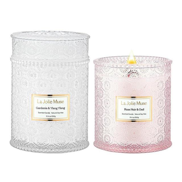 LA JOLIE MUSE Large Candles Set 2, Wood Wick Candle, Rose Noir & Oud, Gardenia & Ylang Ylang Candle, 90 Hours Long Burn Time Each, House Warming Gift New Home, Candles Gifts, Pink & White Candle Gift
