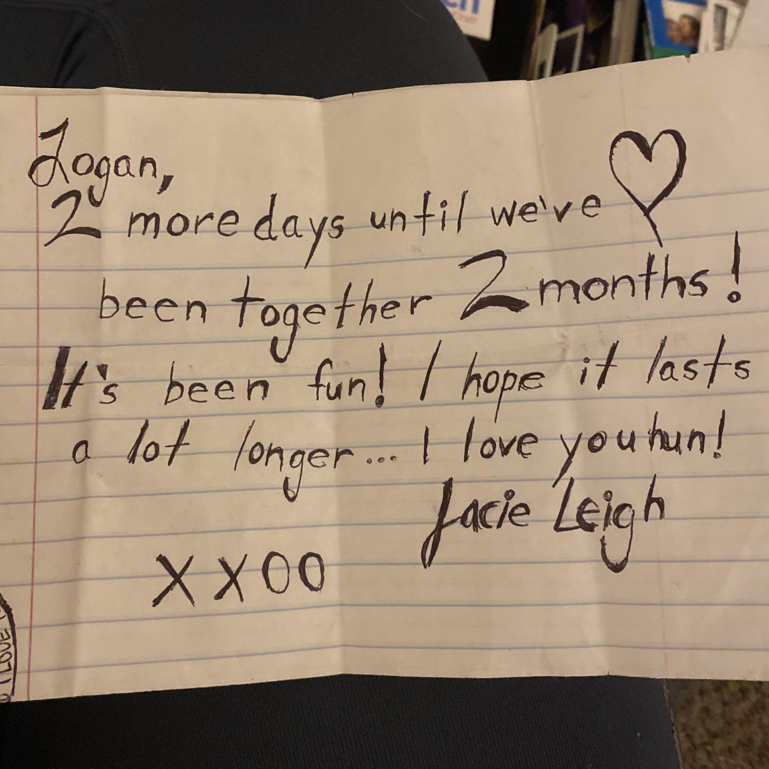 Jacie's note passed to Logan in high school