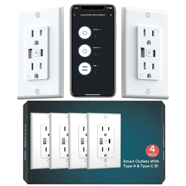 Lumary Smart USB Outlet with Type-C & USB-A Ports, WiFi in-Wall Outlet Compatible with Alexa & Google Home, Remote & Voice Control, Timer, FCC Certified, Tamper-Resistant, 4 Pack